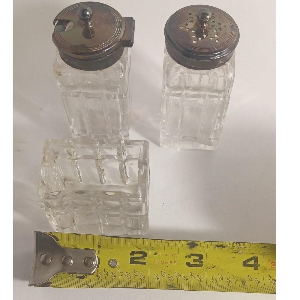 Vintage EPNS Silverplate 40s Cut Glass Condiment Set Salt Pepper Sugar Caddy - Picture 10 of 11